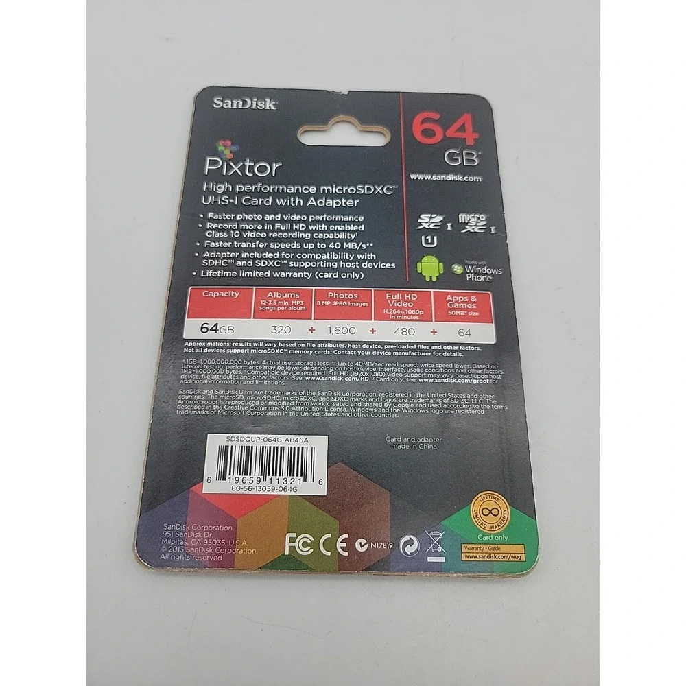 BRAND NEW Sandisk Pixtor Advanced 64GB SDXC Class 10 UHS-I Memory Card & Adapter